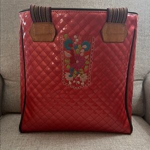 Elegant Red Quilted Tote with Floral Design